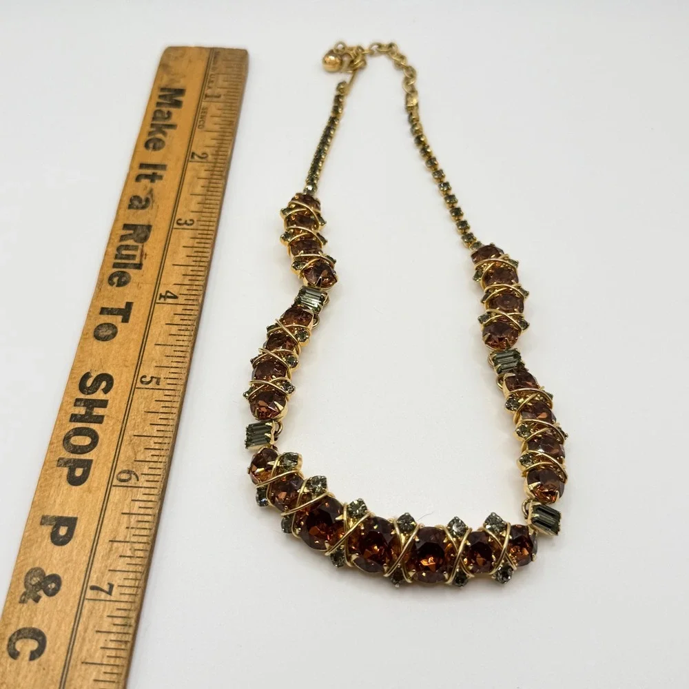 Hattie Carnegie Vintage Orange Smokey Gray Rhinestone Gold‎ Tone Collar Necklace